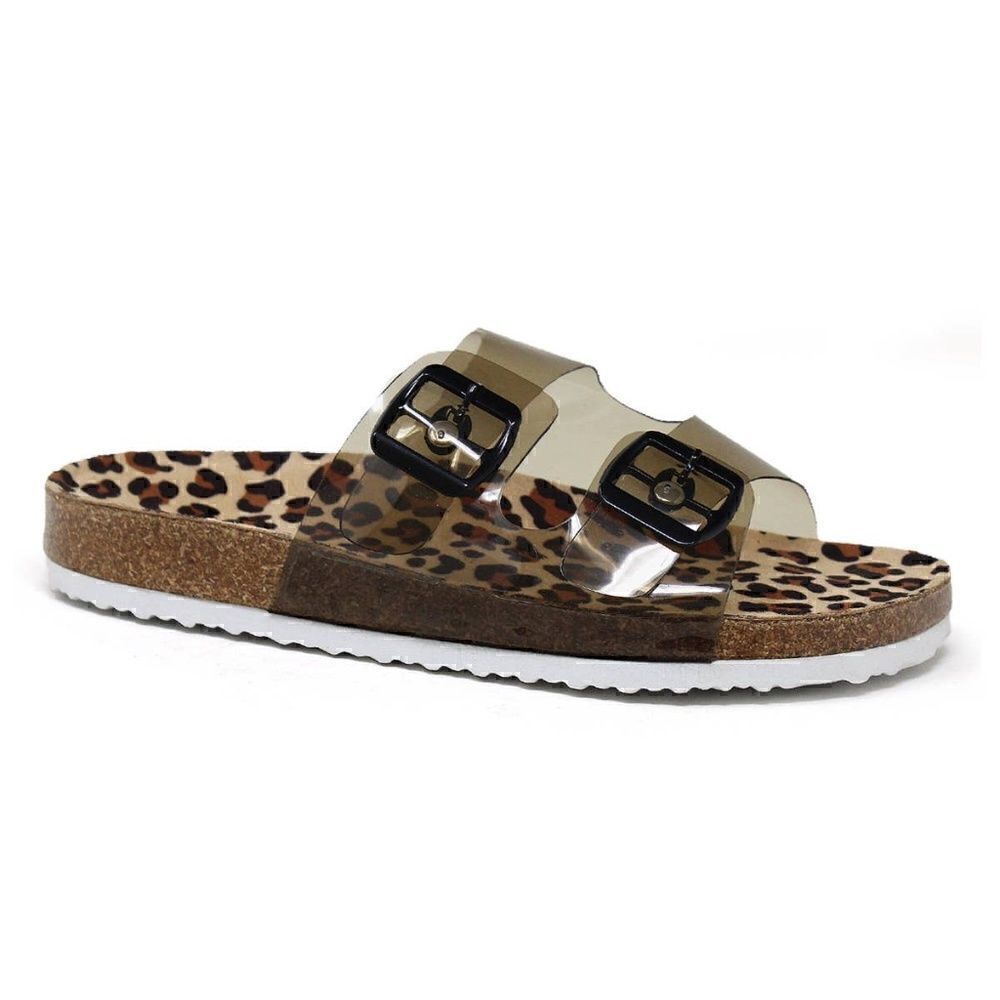NEW! Boho Leopard Print Cork Flat Sandals with Clear Upper Straps Jelly Slides